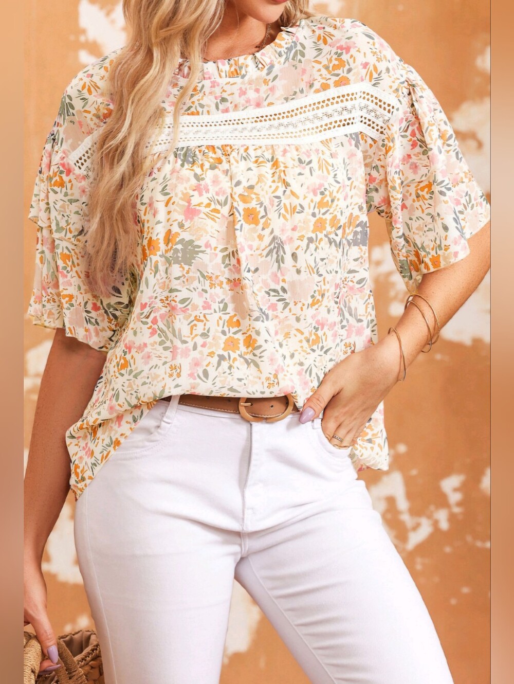 T&C Apparel Beige Floral Blouse Square Sleevs With Eyelet Inlay Size XL